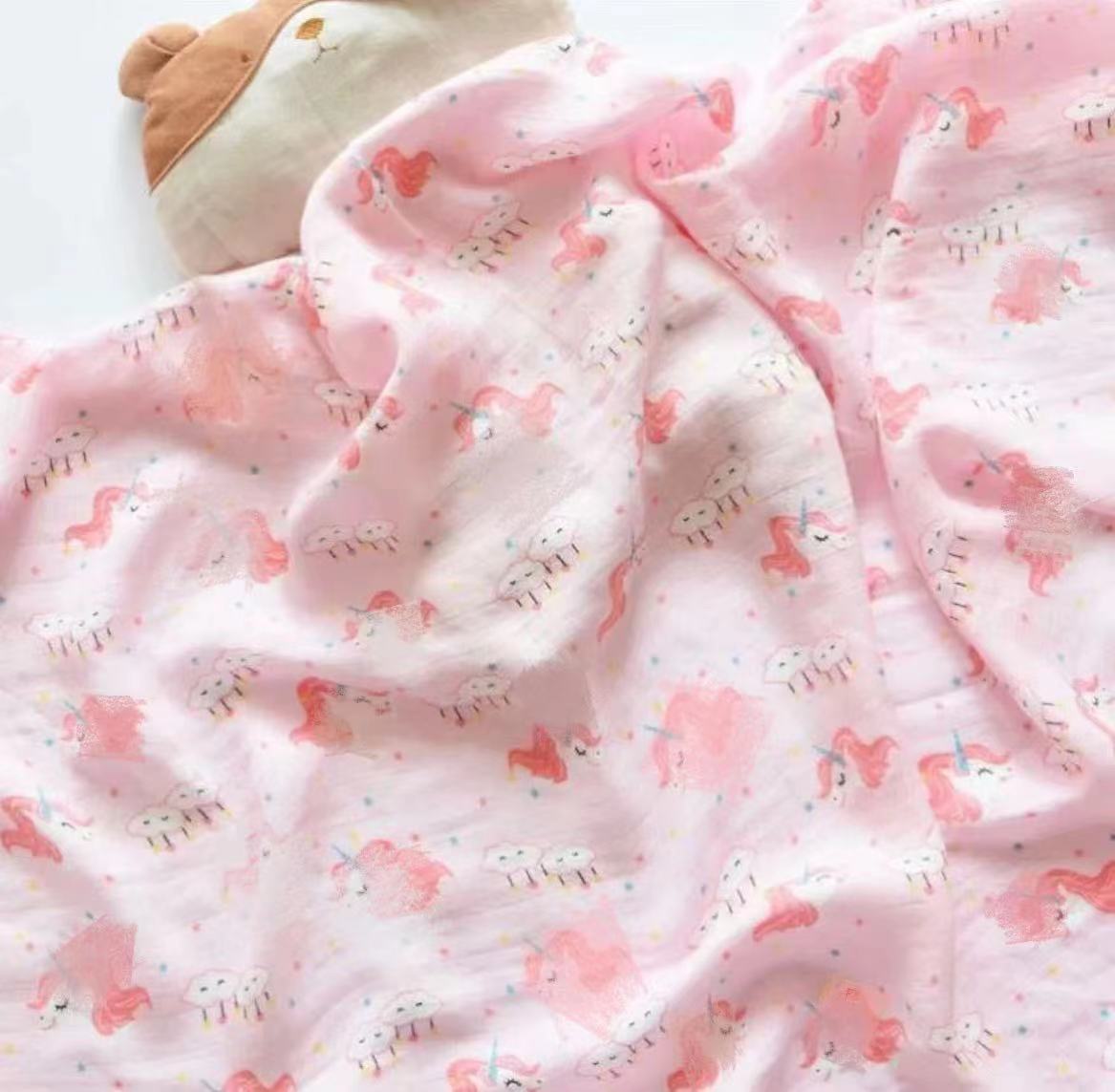 Muslin Swaddle Blanket Set of 2 Unicorn, Feathers ( 70% Viscose from Bamboo, 30 % Organic Cotton)