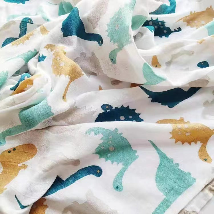 Muslin Swaddle Blanket Set of 2 Green, Dinosaur( 70% Viscose from Bamboo, 30 % Organic Cotton)