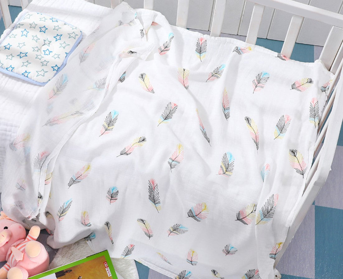 Muslin Swaddle Blanket Set of 2 Unicorn, Feathers ( 70% Viscose from Bamboo, 30 % Organic Cotton)