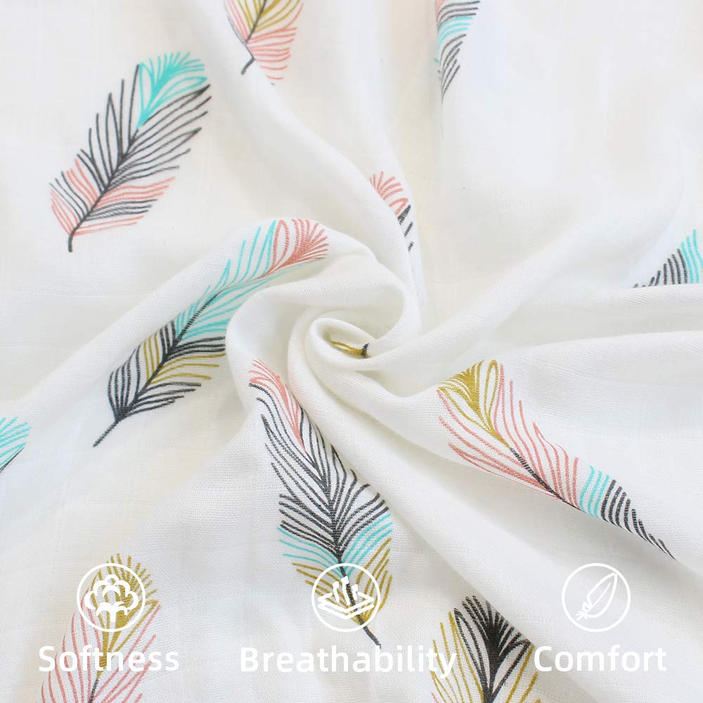 Muslin Swaddle Blanket Set of 2 Unicorn, Feathers ( 70% Viscose from Bamboo, 30 % Organic Cotton)