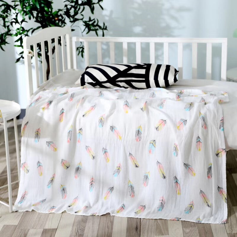 Muslin Swaddle Blanket Set of 2 Unicorn, Feathers ( 70% Viscose from Bamboo, 30 % Organic Cotton)