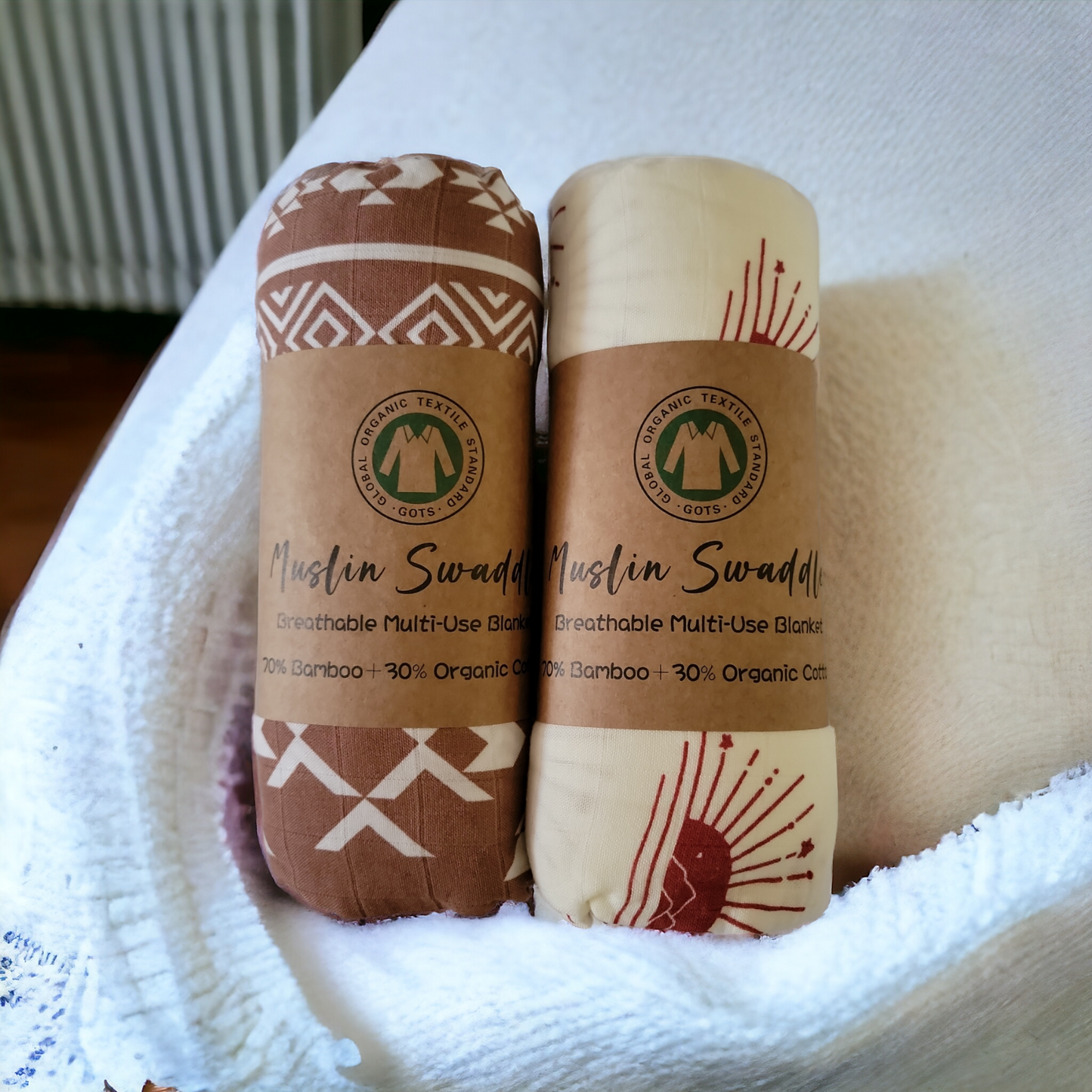 Muslin Swaddle Blanket Set of 2 Geometric, Brown ( 70% Viscose from Bamboo, 30 % Organic Cotton)