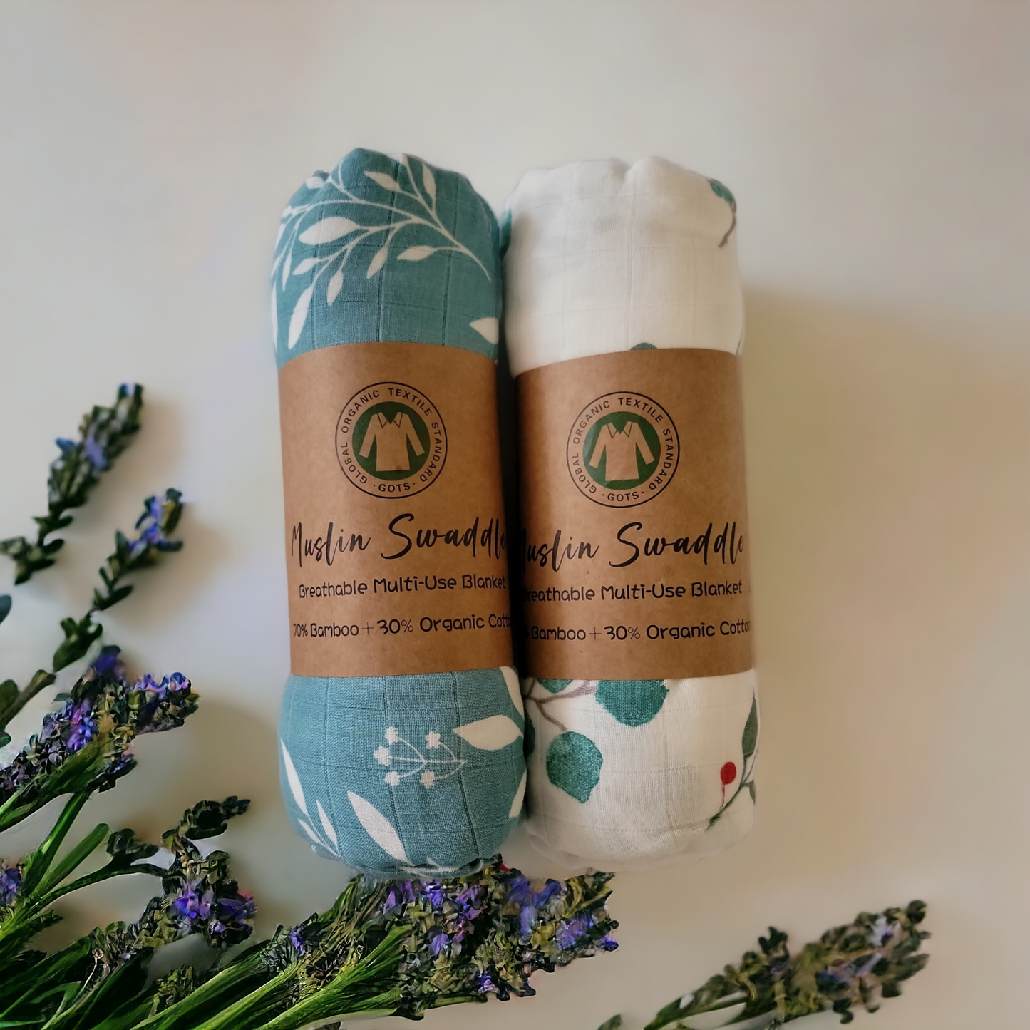 Muslin Swaddle Blanket Set of 2 Floral, Blue ( 70% Viscose from Bamboo, 30 % Organic Cotton)