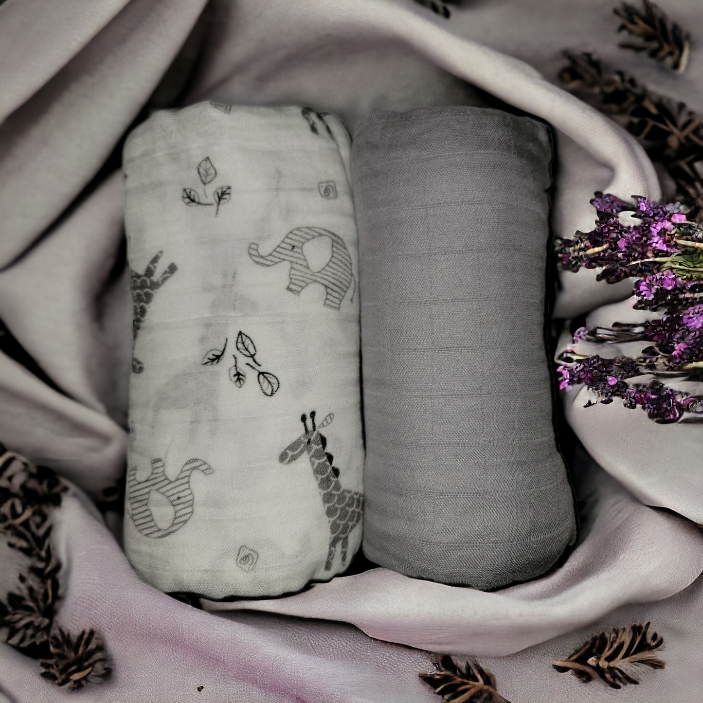 Muslin Swaddle Blanket Set of 2 Gray, Safari ( 70% Viscose from Bamboo, 30 % Organic Cotton)