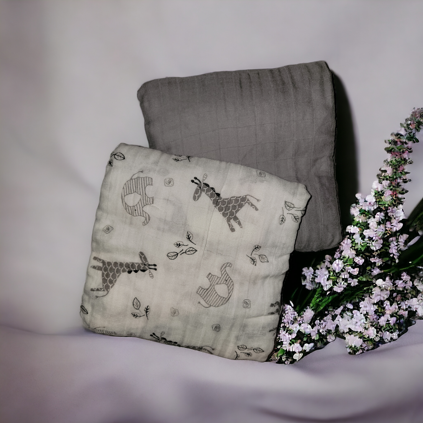 Muslin Swaddle Blanket Set of 2 Gray, Safari ( 70% Viscose from Bamboo, 30 % Organic Cotton)