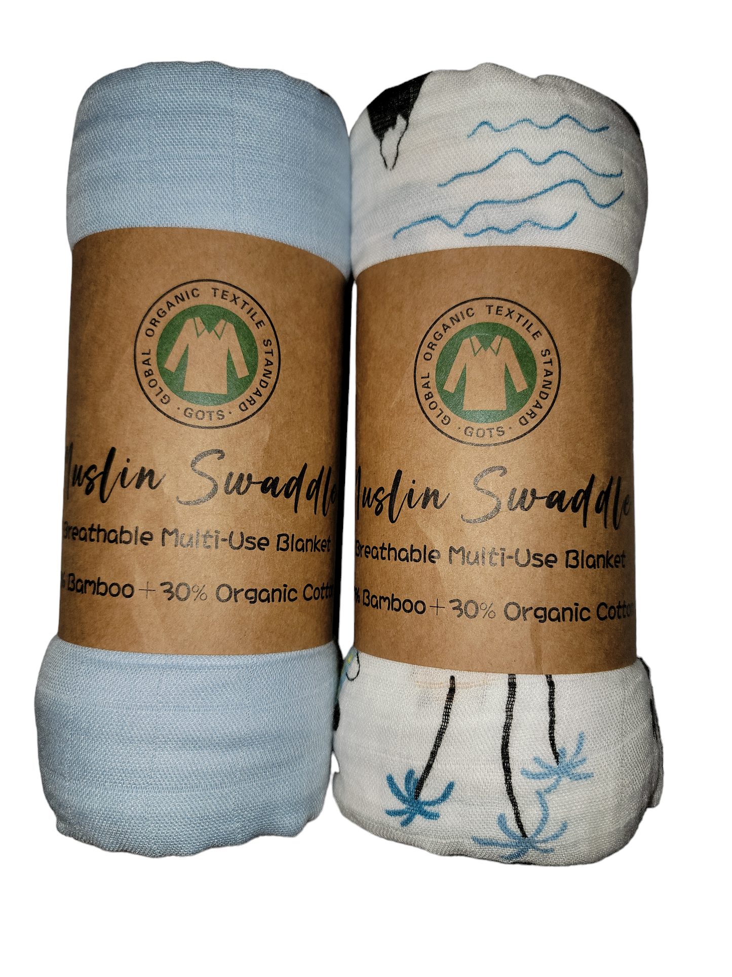 Muslin Swaddle Blanket Set of 2 Light Blue, Dinosaur( 70% Viscose from Bamboo, 30 % Organic Cotton)