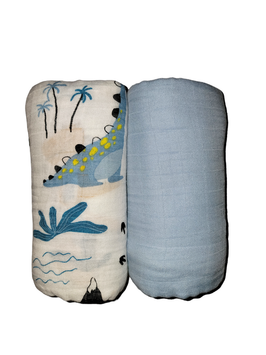 Muslin Swaddle Blanket Set of 2 Light Blue, Dinosaur( 70% Viscose from Bamboo, 30 % Organic Cotton)