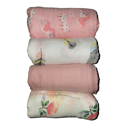 4 Pack Muslin Swaddle Blankets for Baby Girls Pink, Unicorn, Floral - 30% Organic Cotton 70% Viscose