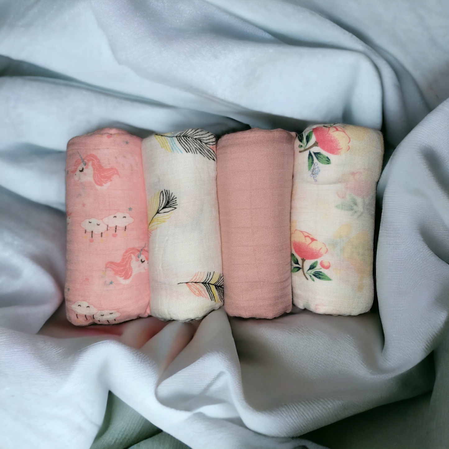 4 Pack Muslin Swaddle Blankets for Baby Girls Pink, Unicorn, Floral - 30% Organic Cotton 70% Viscose