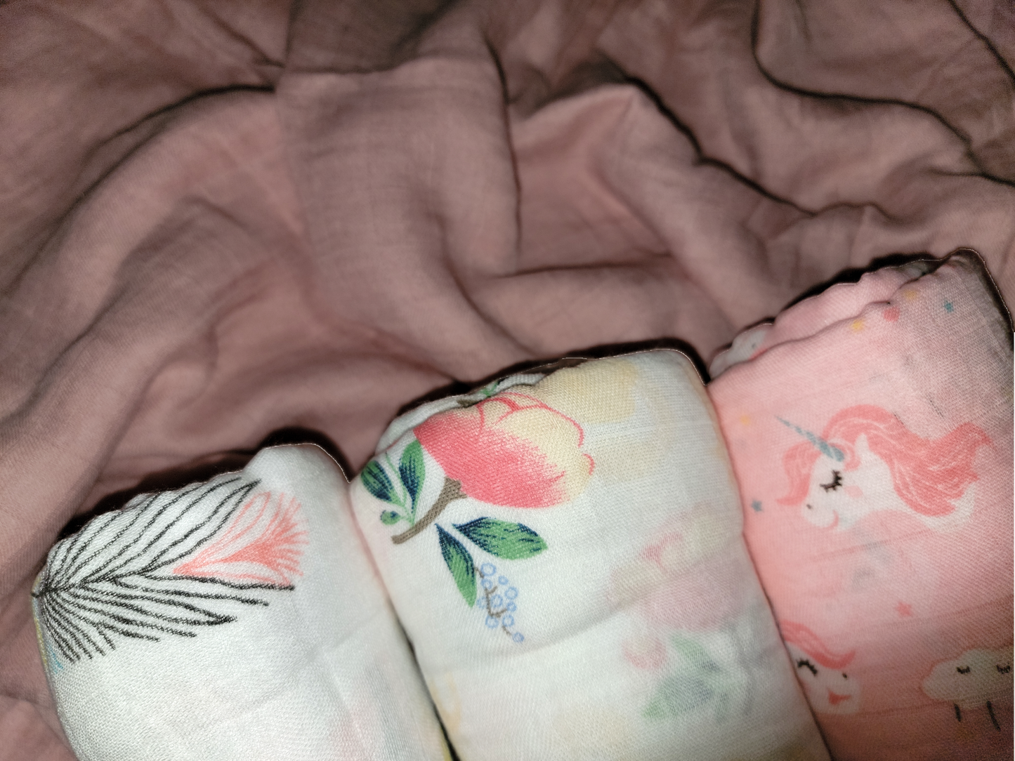 4 Pack Muslin Swaddle Blankets for Baby Girls Pink, Unicorn, Floral - 30% Organic Cotton 70% Viscose