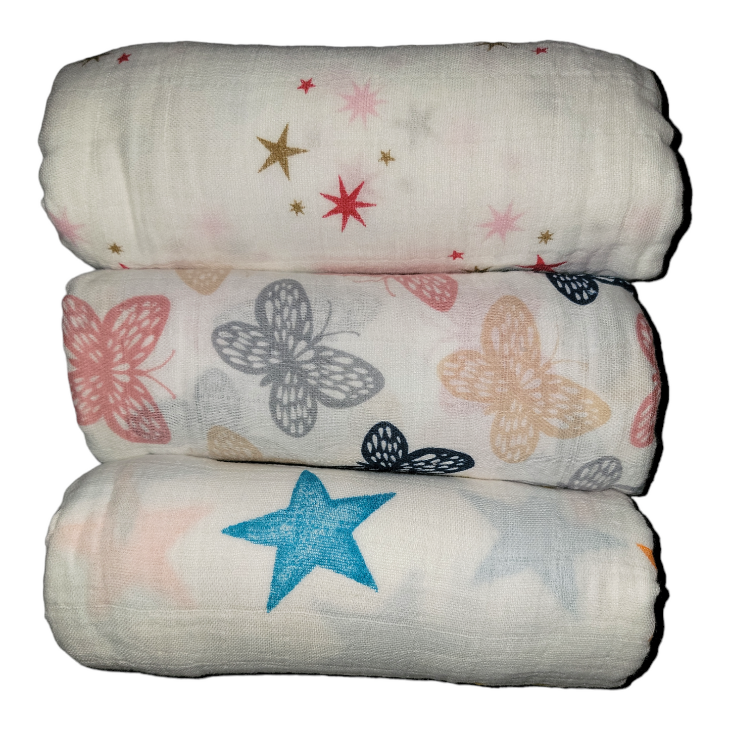 Pack of 3 Muslin Swaddle Blankets for Baby Girls, Receiving Blanket - Pink, Stars, Floral -100% Organic Cotton