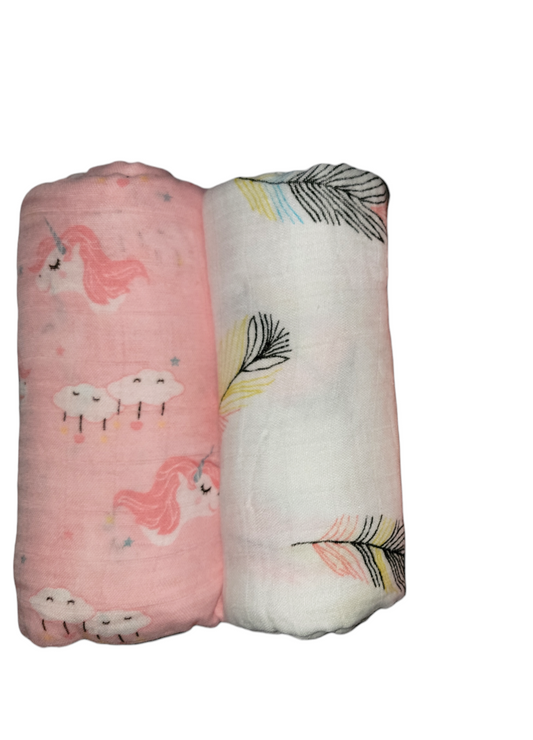 Muslin Swaddle Blanket Set of 2 Unicorn, Feathers ( 70% Viscose from Bamboo, 30 % Organic Cotton)