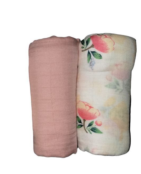 Muslin Swaddle Blanket Set of 2 Floral, Pink ( 70% Viscose from Bamboo, 30 % Organic Cotton)